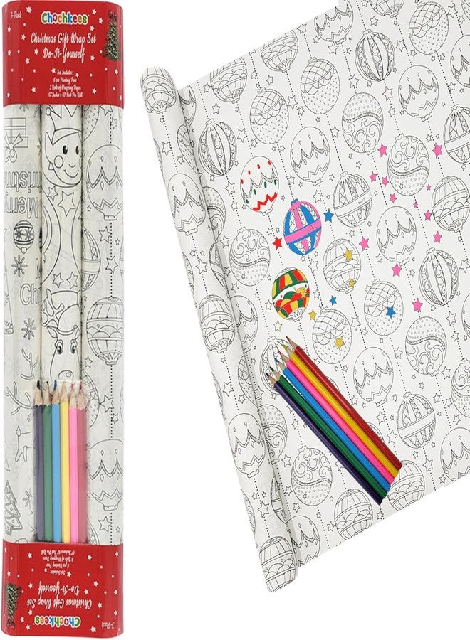 Chochkees Craft Christmas Gift Wrap Design, with 6 Color Pencils Included, White Craft Wrapping Paper Roll, 17.5" X 180" Inch - 15' Ft. Xmas Wrapping Paper Roll, Pack of 3, DIY Christmas - Image 1